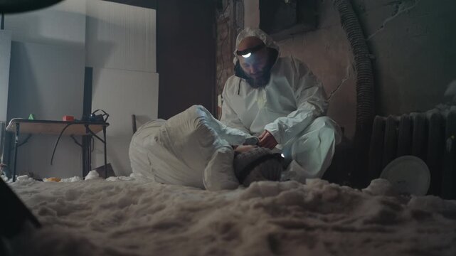 Survivor in protective suit repairs heater inside frostbound shelter, toolkit and cables scattered on snowdusted floor, radiator hiss and generator flicker, weary posture conveying endurance