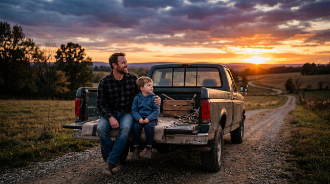 Heartwarming scene of a father and young son sitting on the tailgate of a classic green pickup truck on a winding dirt road at sunset, overlooking a beautiful rural landscape during golden hour.