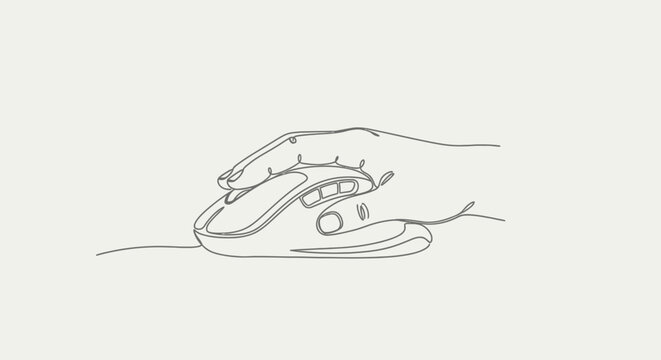 Minimalist line art drawing of a hand holding a computer mouse.