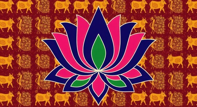 Vibrant Lotus Flower Design with Traditional Indian Motifs.