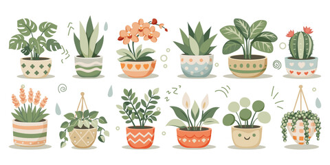 Set of vector illustration of home plants in pots. Simple concept in scandinavian style of interion decoration for cards, icons, stickers © Kseniya