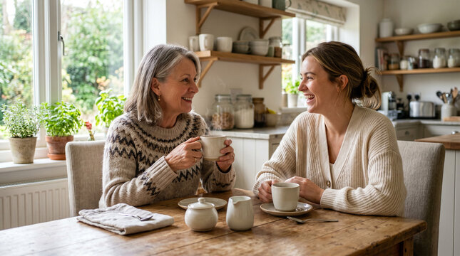 A joyful senior mother and her adult daughter bonding over coffee in a bright, cozy kitchen, sharing laughter and a heartfelt conversation at a rustic wooden table in their beautiful home.