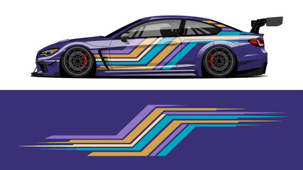 Fototapeta premium Colorful race car illustration with bold striped graphics and dynamic design.