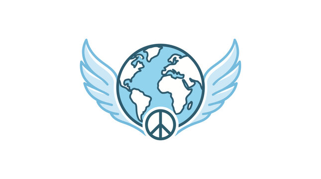 Illustration of a blue globe with white continents surrounded by wings and a peace sign on a white background.
