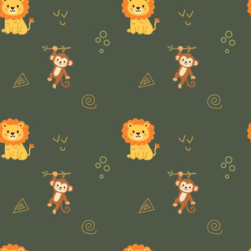 Cute hand drawn beige neutral color safari animals lion and monkey on a pastel background, kids seamless pattern fo fabric and textile.