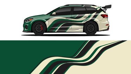 Colorful racing car with abstract green and cream wrap and racing decals. © Lailatul