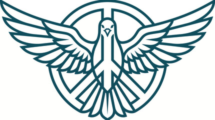 Fototapeta premium Teal line art illustration of a bird with outstretched wings in front of a circular design on a white background.