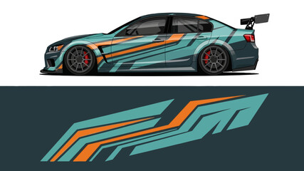 Obraz premium Dynamic teal and orange race car with bold graphics wrap.