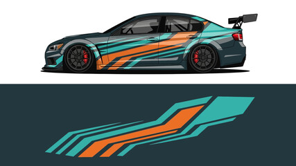 Side-profile of a bold teal and orange sports car with dynamic racing stripes and aerodynamic design. © Lailatul