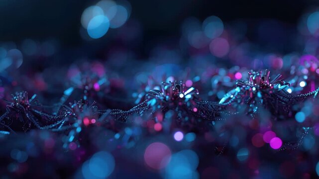 Neon bokeh macro of metallic floral glitter with blue and magenta glow, dreamy closeup