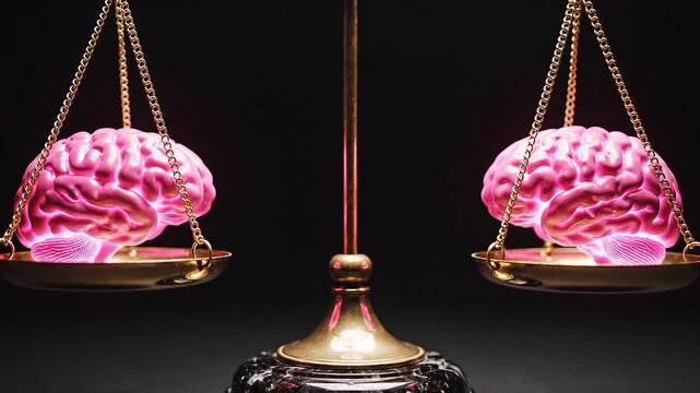 Golden scale balancing two glowing pink brains, dark backdrop highlighting equality, abstract visualization of cognitive comparison, intellectual balance, and decision-making equilibrium in symbolic f