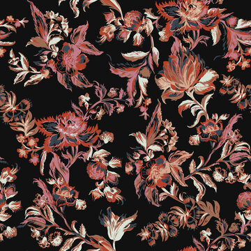 Dark Moody Jacobean Floral Seamless Pattern with Exotic Flowers and Leaves on Black Background