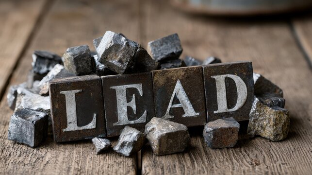 Lead Metal Chunks and Vintage Letterpress Blocks Spelling "LEAD" on Rustic Wood