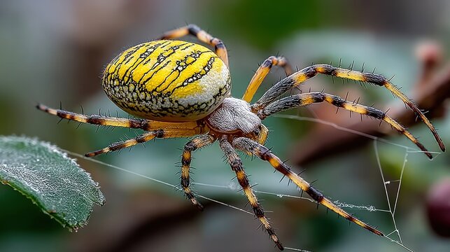 Detailed macro shot of a yellow garden spider on a leaf with spider silk.