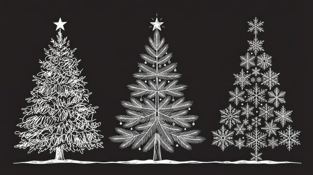 Three christmas trees sketch illustration on black chalkboard background holiday decor