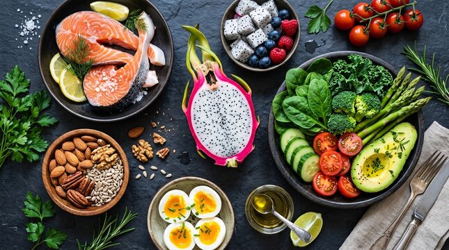Top down flatlay of a vibrant keto diet food spread, featuring exotic dragon fruit, fresh salmon cuts, mixed nuts, organic green veggies.