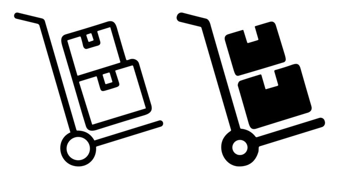 Hand trucks carrying stacked boxes icon set in outline and solid style on transparent background