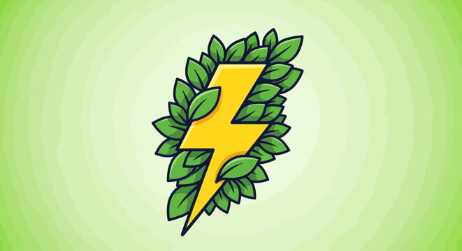 A yellow lightning bolt surrounded by green leaves on a light green gradient background