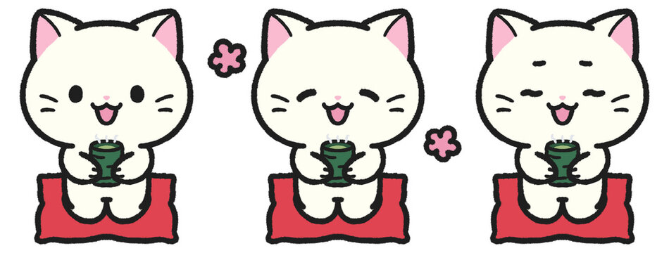 座布団に座りお茶を飲む猫のイラストセット