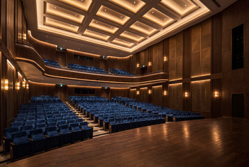 Naklejka premium Premium Seminar Hall With Tiered Seats, Clean Stage and Professional Lighting for Modern Learning Themes