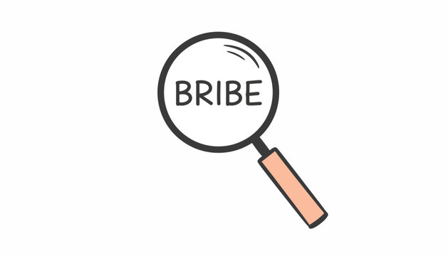 Magnifying glass with bribe text, corruption investigation concept, white background