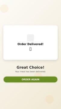 Food order delivered notification screen interface. Mobile application UI animation with status confirmation button. 