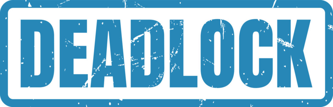 Blue rectangular rubber stamp impression with the word Deadlock displayed in a bold distressed serif font