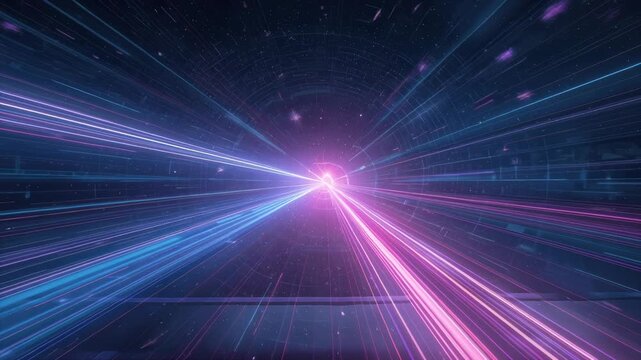 Neon light tunnel vanishing point glow streaks pink blue beams conveying motion energy