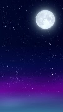 full moon and starry night sky with clouds meditation motion background,nature landscape glowing and shiny stars relaxing vertical social media design element