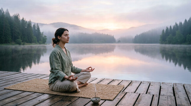 A person sitting in a peaceful meditation pose on a wooden deck by a calm