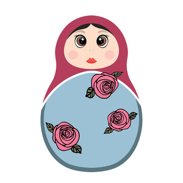 Russian Matryoshka. Traditional Russian folklore dolls with big eyes and lips. Babushka doll with hohloma, traditional painted floral pattern. Hand drawn vector illustration.
