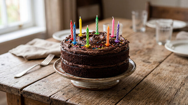 Freshly baked double layer chocolate cake topped with creamy fudge frosting, chocolate chips, and colorful birthday candles on a ceramic stand atop a rustic wooden table in a warm home setting.