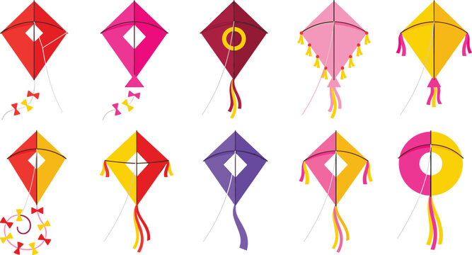 Vector illustration of colorful kites with unique geometric designs, bows, tassels, and decorative patterns