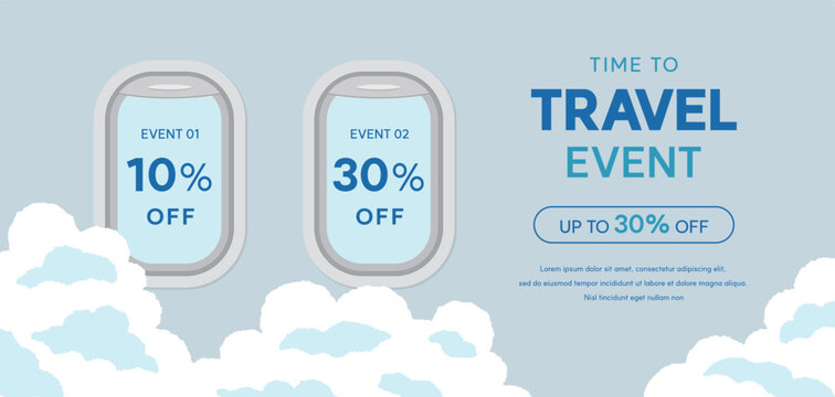 Travel promotion banner template featuring an airplane window frame visible above the clouds. Suitable for tourism marketing and airline ticket discounts.
