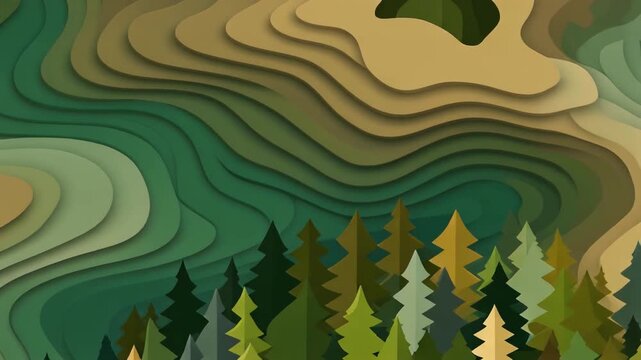 Abstract Paper Cut Forest Scene with Fluid Topographic Ripples and Green Organic Layers Motion Background 1080p