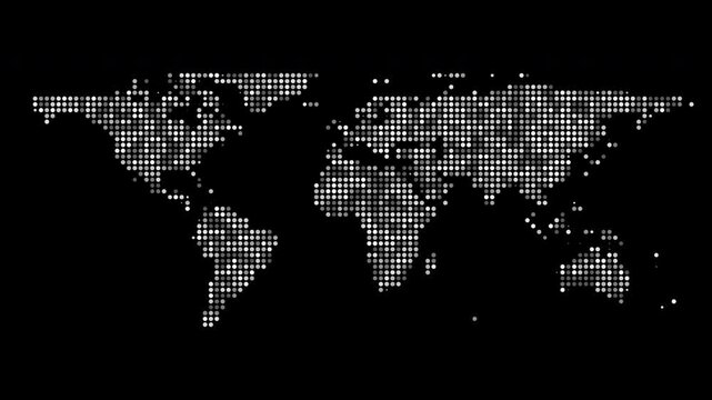 2D animation of slowly flickering white halftone-dotted flat planet Earth isolated on a black background.  Good for educational, business, modern explainers, or infographics