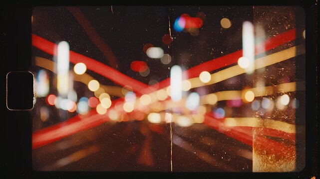 8mmフィルム風の光跡が流れるノスタルジックな夜景抽象アニメーション