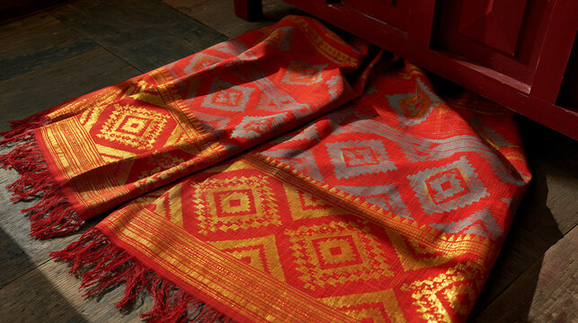 assamese. Traditional silk dress with intricate patterns laid flat on a wooden floor. event programs, museum guides, designed for cultural heritage projects and event programs.