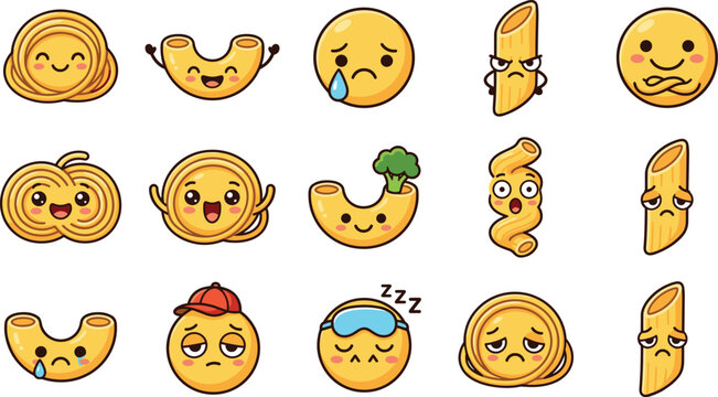 Vector illustration of pasta emoji faces combining spaghetti, macaroni, penne, fusilli with expressive emotions