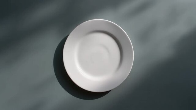 Seamless Loop of an Empty White Plate Gently Touched by a Hand on a Muted Table with Aesthetic Shadow Play, Clean Minimalist 1080p Background Video