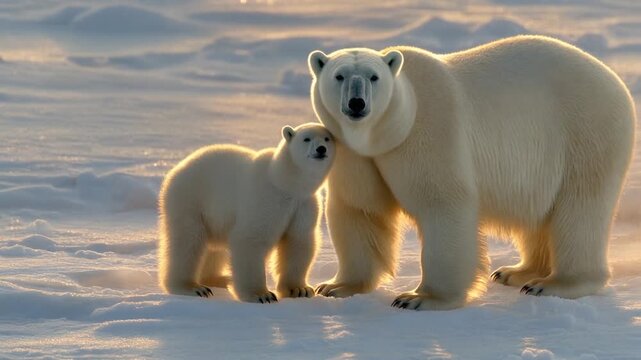 Heartwarming Seamless Loop of Polar Bear Mother and Cub Standing Together in Golden Arctic Snow, Full HD Wildlife Nature Background