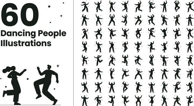 Vector illustration bundle of 60 dancing people silhouettes in dynamic poses and expressive movements