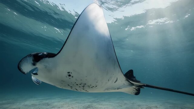 Majestic Manta Ray Gliding Gracefully through Crystal Clear Ocean Water with Sun Rays Streaming Down, Underwater Cinematic Footage Symbolizing Marine Life, Freedom