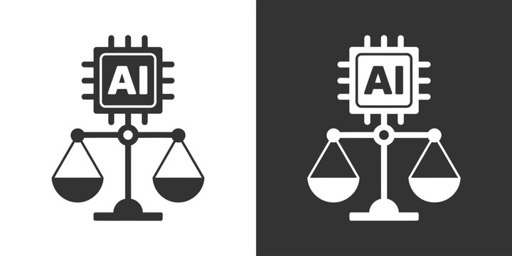 AI Ethics and law icon, artificial intelligence microchip integrated with justice balance scale, legal technology compliance concept, vector illustration on black and transparent backgrounds.