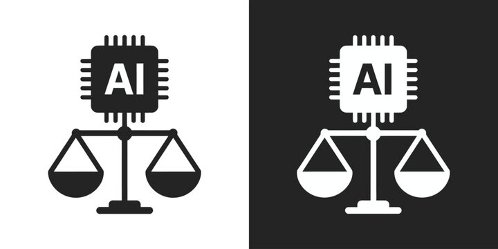 AI Ethics and law icon, artificial intelligence microchip integrated with justice balance scale, legal technology compliance concept, vector illustration on black and transparent backgrounds.
