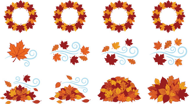 Vector illustration of autumn leaves with wreaths, wind swirls, and piles in seasonal fall designs