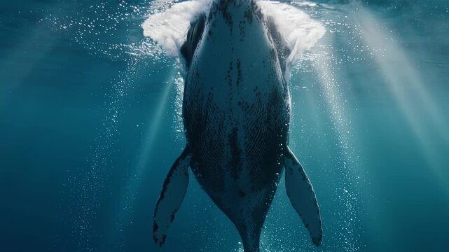 Majestic humpback whale swimming upwards through clear turquoise ocean water surrounded by sunbeams and bubbles, undershot perspective, cinematic motion