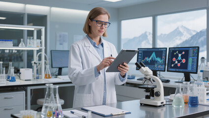 Fototapeta premium Female Scientist in Lab Coat Using a Tablet for Research and Data Analysis