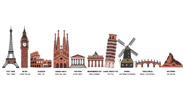 European Capitals Landmark Row Flat Vector Illustration World Travel Icon Set with Eiffel Tower Big Ben Colosseum Sagrada Familia Parthenon Isolated Collection for Marketing Packaging Presentations