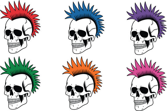 Collection of skulls with colorful mohawk hair